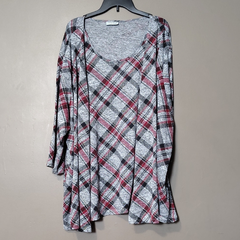 Catherines Grey Plaid 2 Fer Blouse W 3/4 Sleeve Size 4X